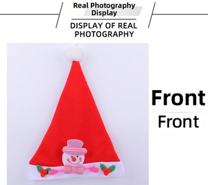 Macro shot of red Christmas hat with snowman detail and white plush trim