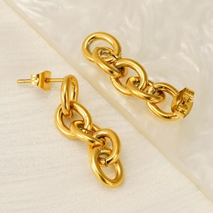 Detailed close-up of 18k gold plated stainless steel chunky Cuban chain drop earrings