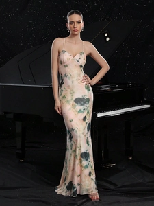 Sexy Tie Dye Print Maxi Dress Backless V Neck Spaghetti Strap Ruffle Hem Satiny Satin Long Holiday Dress For Women