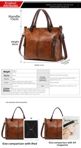 Detailed size specifications of dark brown PU tote bag showing dimensions and internal capacity