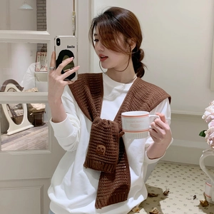 Brown knitted shawl with DD embroidery over white sweater for elegant women's fashion