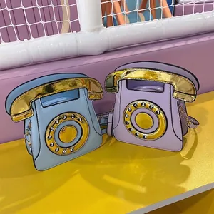 Creative retro telephone shaped crossbody bags in light blue and purple colors
