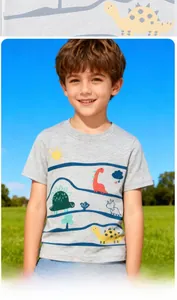 Close-up of light gray cotton t-shirt with colorful dinosaur print on a child model