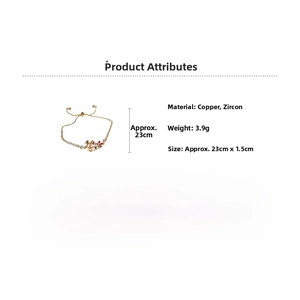 Detail of 18k gold plated bracelet with red floral charms, zircon stones and dimensions