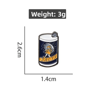 Detail view of a Salty girl enamel pin badge with 2.6cm by 1.4cm dimensions