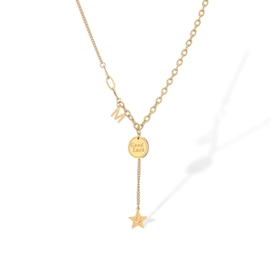 Gold heart geometric pendant necklace with M and Good Luck charms on asymmetric chain