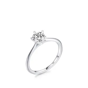 Classic S925 sterling silver ring with six-prong set round brilliant cut cubic zirconia