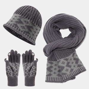 Detailed view of grey winter knit set featuring patterned beanie, scarf and gloves