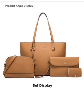 Detail of four-piece camel faux leather bag set with Saffiano texture and gold hardware