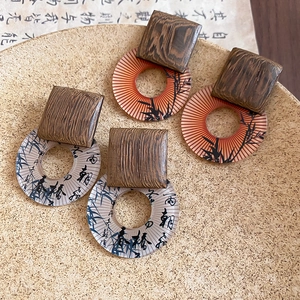 Vintage wooden stud earrings with round resin ink art pendants and bamboo patterns