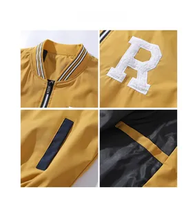 Detailed views of yellow baseball jacket with striped collar and towel-embroidered R letter