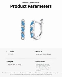 Detail showing S925 sterling silver hoop earrings with blue marquise-cut zircons