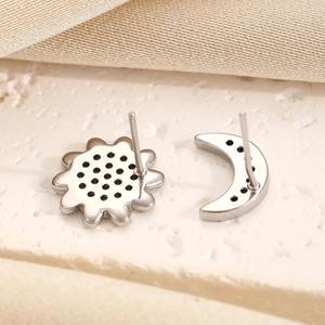 Silver stainless steel sun and moon stud earrings with full crystal stones for women