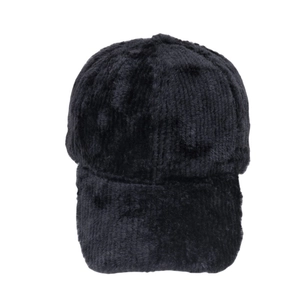 Detailed texture of black faux fur plush baseball cap with soft vertical striped fibers