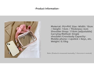 Detailed view of pink transparent PVC crossbody bag with dimensions 18x13x6cm and scarf
