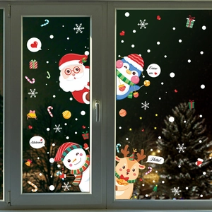 Cartoon Christmas static window stickers featuring Santa, snowman, and reindeer decor