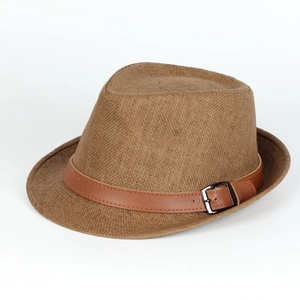 Classic brown straw sun hat for men with leather band and metal buckle in a 45-degree view