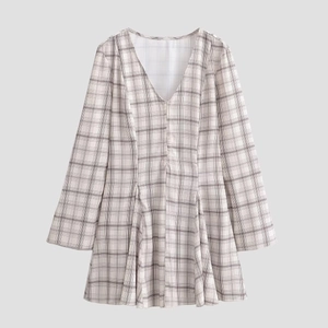 Kariertes Langarm Mini Kleid V Ausschnitt Hohe Taille A Linie Gingham Muster Mode Lässig Für Frauen