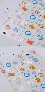 Detail of 3D embossed nail stickers featuring cute cartoon animals and clear matte texture