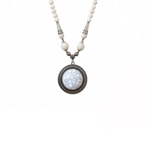 Ethnic vintage beaded necklace with white marble round stones and antique silver circular pendant