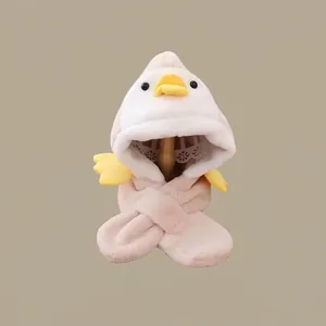 Detail of soft plush kids hood scarf with cute yellow duck features and ear protection