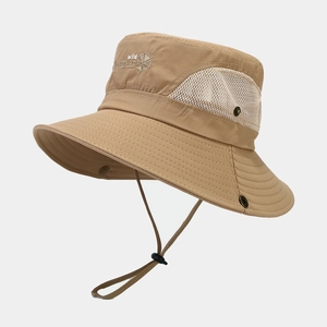 Khaki Outdoor Sonnenhut mit breiter Krempe, atmungsaktivem Mesh und verstellbarem Kinnriemen