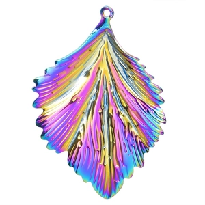 Iridescent stainless steel leaf pendant with detailed vein texture and hanging hole
