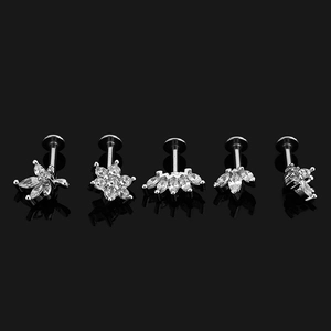 Set of five stainless steel flat back cartilage earrings with sparkling white zircon stones