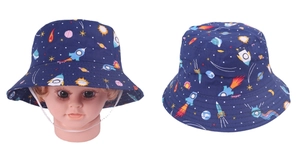 Detail of dark blue kids sun hat featuring space rocket prints and adjustable chin strap