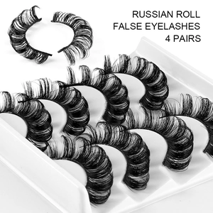 Russian volume false eyelashes, 4 pairs of dense curled synthetic lashes in black