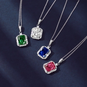 S925 Sterling Silver Rectangle Zirconia Pendant Necklace For Women Luxury Emerald Ruby Blue Stone Geometric Halo Jewelry