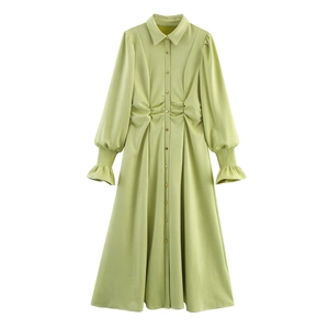 Langärmeliges Hemdkleid Aus Wildlederimitat Französischer Stil Raffung Taille Knopfleiste Rüschenmanschette Damen
