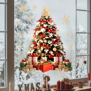 Cozy window display with Christmas tree stickers, gift boxes, and golden snowflakes stickers