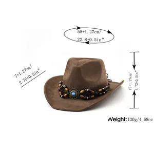 Detailed size chart for Western cowboy hat with brim, height, and circumference in inches