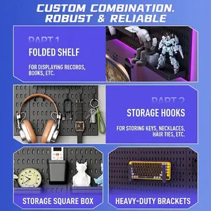 Modular black pegboard system for gaming rooms with shelves and headset hooks