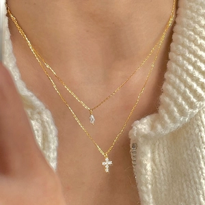 Double-layered S925 sterling silver gold necklace with cross and marquise stone pendants