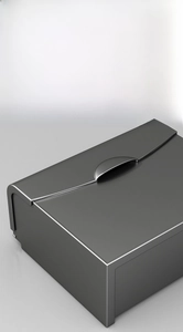 Macro shot of gray aluminum tissue box featuring anti-rust finish and curved handle