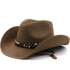Dark brown woven cowboy straw hat with colorful beads and adjustable chin strap