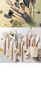 Detail of 14-piece silicone kitchen utensil set with wooden handles and storage bucket
