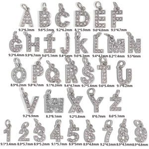 Silver A-Z letters and 1-9 numbers diamond pendants with dimensions in a grid layout