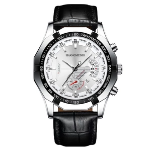 Men's chronograph watch with white dial, black leather strap, and date function