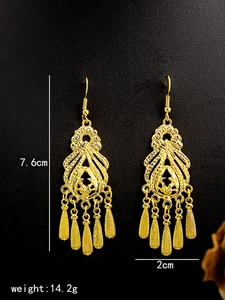Ethnic gold peacock earrings detail with bell tassels, length 7.6cm and weight 14.2g