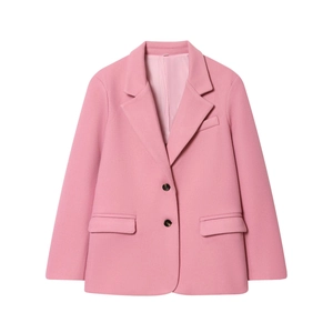 Blazer Donna Rosa Effetto Lana Monopetto Revers Giacca Casual Manica Lunga Con Tasche A Patta