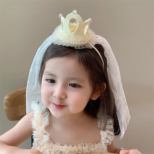 Girls crown headband with white lace veil and yellow glitter tiara hair accessory