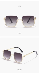 Detailed views of gold half-frame sunglasses with grey gradient lenses and slim metal temples