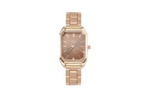 Detail of square rose gold watch with brown sunray dial and rhinestone markers