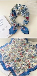 Floral cotton linen scarf with blue and pink checkered borders and vivid patterns