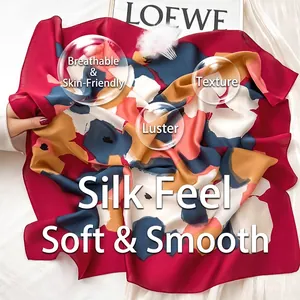 Elegant red square silk scarf with blue abstract floral patterns on white silk