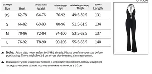 Detailed size guide table for backless halter jumpsuit featuring bust and waist measurements