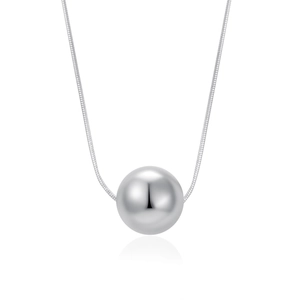 Silver stainless steel snake chain necklace featuring a polished spherical ball pendant